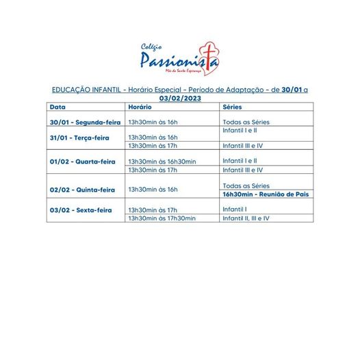 Horrios Especiais da Educao Infantil Me da Santa Esperana